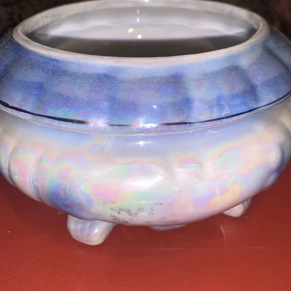 Vintage Blue & White Floral Iridescent Carnival Glass Footed Candy Dish With Lid